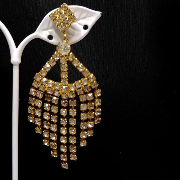 Vintage 1960s Rhinestone Long Dangle Clip Earrings, Gold Plated - Picture 5 of 10